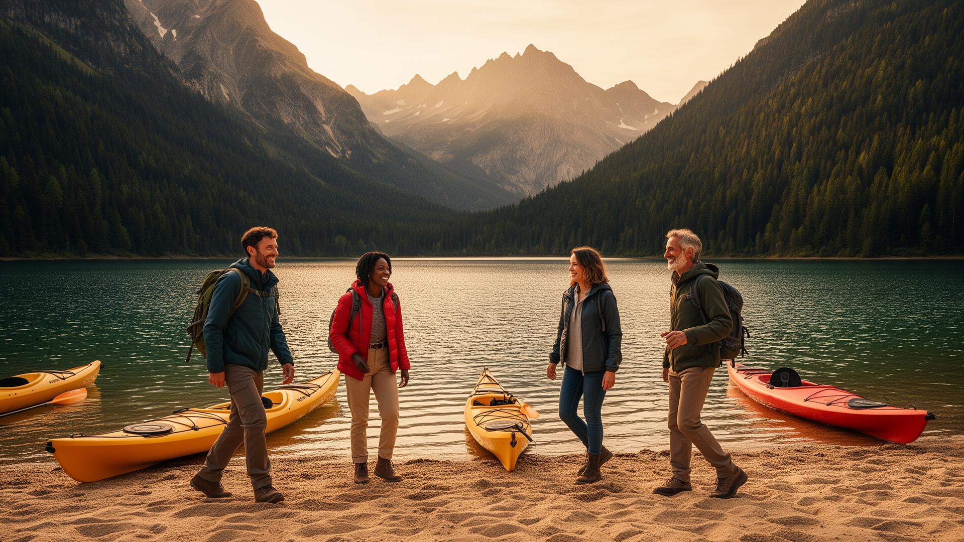 Un groupe d'amis prêt à partir en kayak sur un lac de montagne